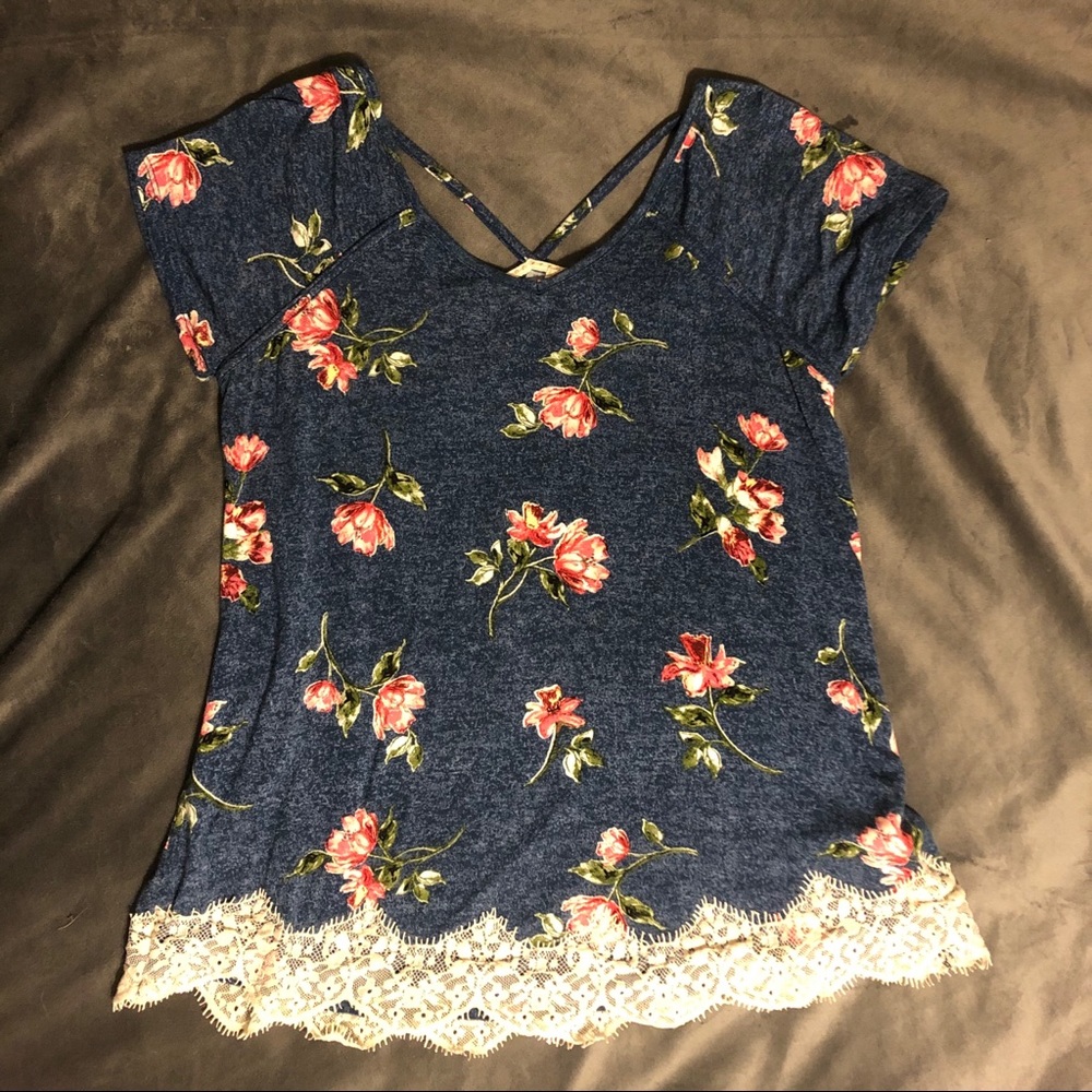 Juniors Floral Print Lace Trim Cross Back Teeshirt